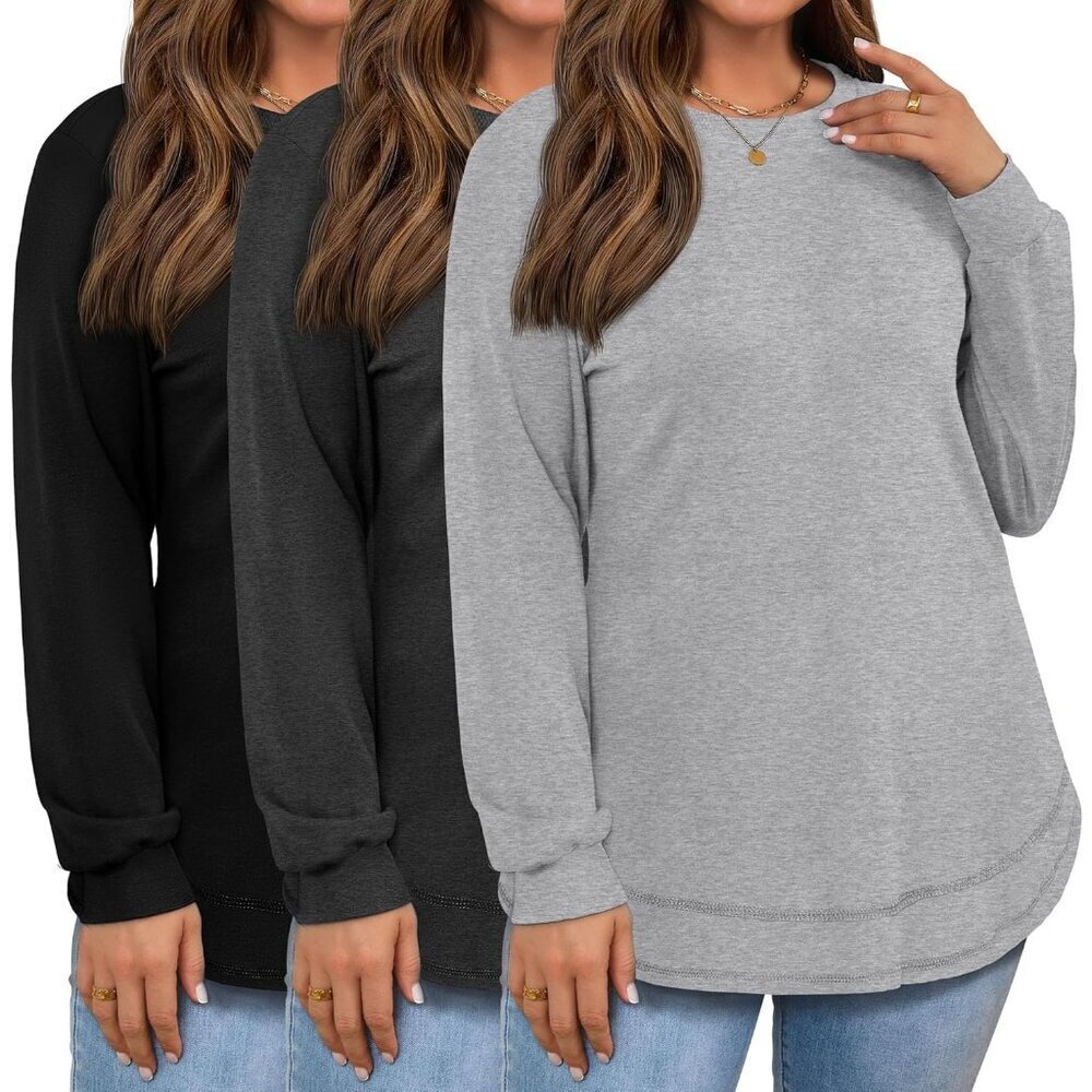 3 Pack Women's Plus Size Cotton Sweatshirts Crew Neck Long Sleeve Tops